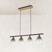 Leather-Suspended Ribbed Glass Linear Chandelier in Brown leather and matte black - material detail