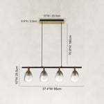 Leather-Suspended Ribbed Glass Linear Chandelier in Brown leather and matte black - dimension diagram
