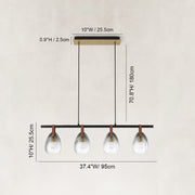Leather-Suspended Ribbed Glass Linear Chandelier in Brown leather and matte black - dimension diagram