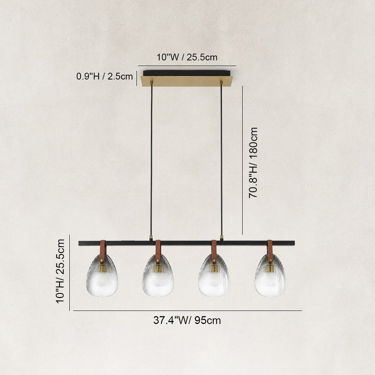 Leather-Suspended Ribbed Glass Linear Chandelier in Brown leather and matte black - dimension diagram