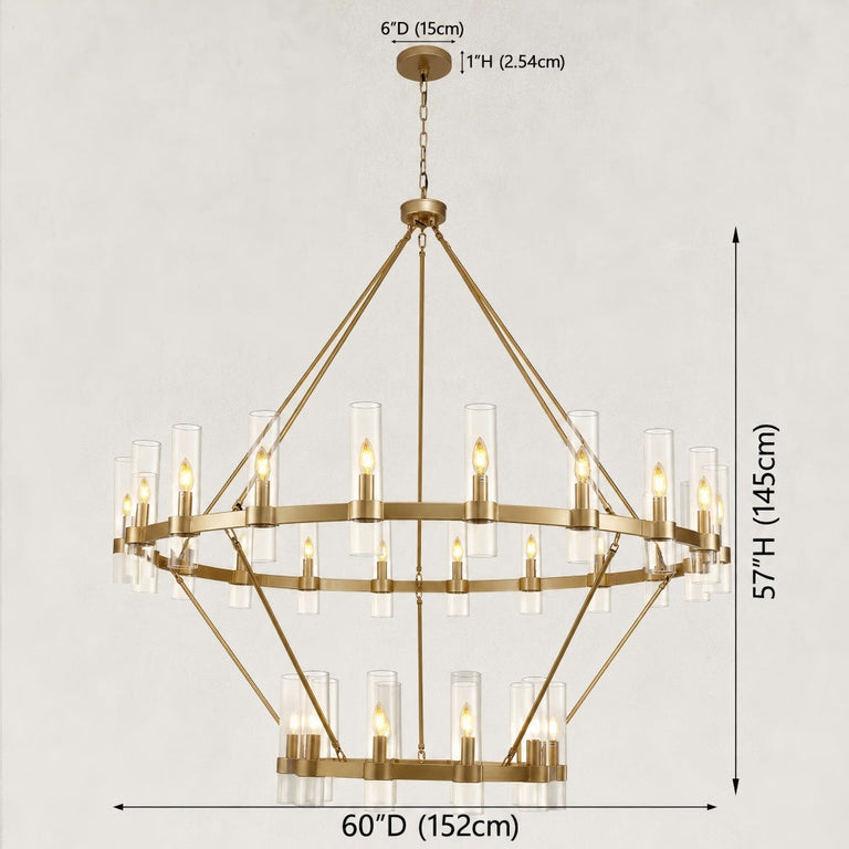 brass-tone two-tier glass-tube chandelier dimension diagram.