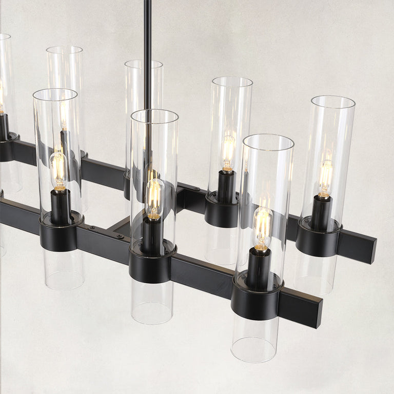 Linear glass-tube chandelier, black holders and staggered glass tubes.