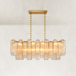 Linear Tiered Glass Chandelier illuminated