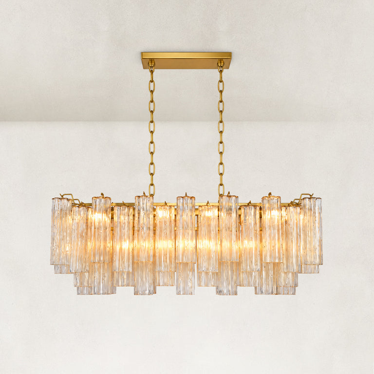 Linear Tiered Glass Chandelier illuminated