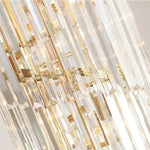 Close-up of crystal rods in the descending chandelier tiers.