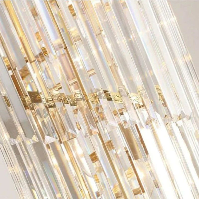 Close-up of crystal rods in the descending chandelier tiers.