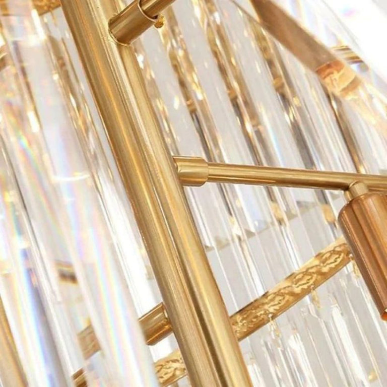 Close-up of the metal supports between hanging crystal rods.