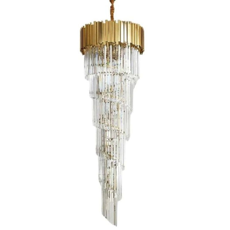 Long crystal cascade chandelier against a white background.