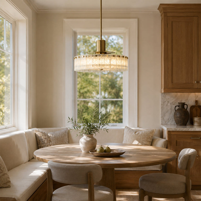 Low-Profile Marble Drum Pendant displayed in a furnished interior