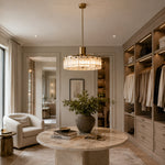 Low-Profile Marble Drum Pendant displayed in a furnished living room
