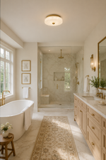Vertical bathroom scene with the low-profile textured glass flush mount
