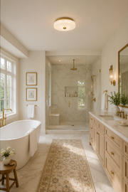 Vertical bathroom scene with the low-profile textured glass flush mount