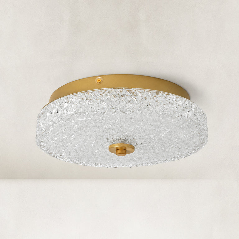 Unlit low-profile textured glass flush mount with brushed-gold ceiling plate