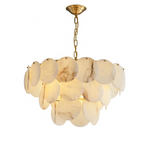Lower-angle view of a two-tier alabaster disc chandelier against a white background