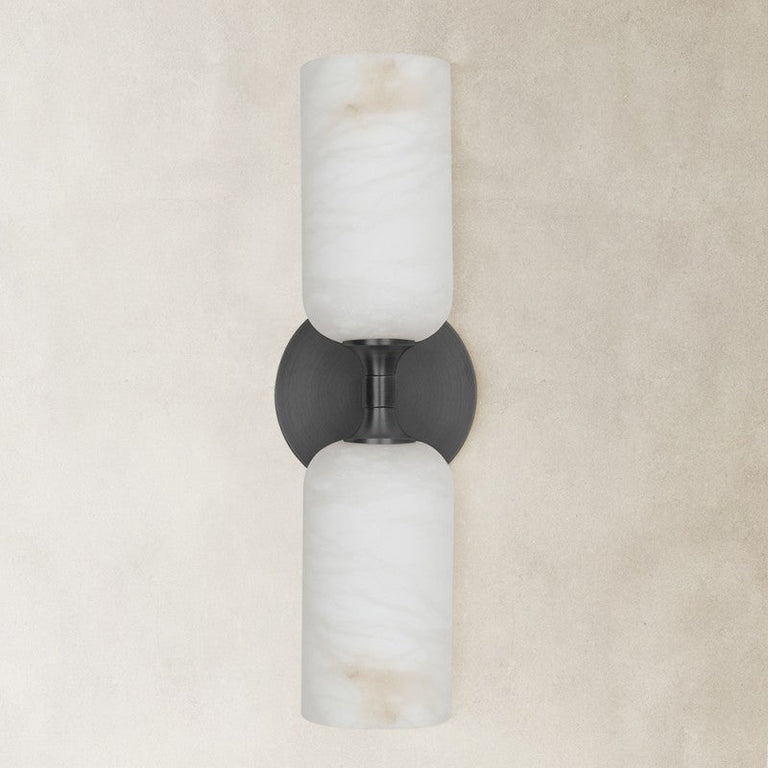 black twin-cylinder wall sconce shown unlit.