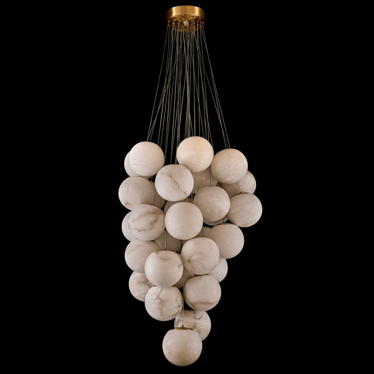 Luxury Gold & White Alabaster Globe Chandelier – 39" Diameter by Dalmivik, product or room detail view