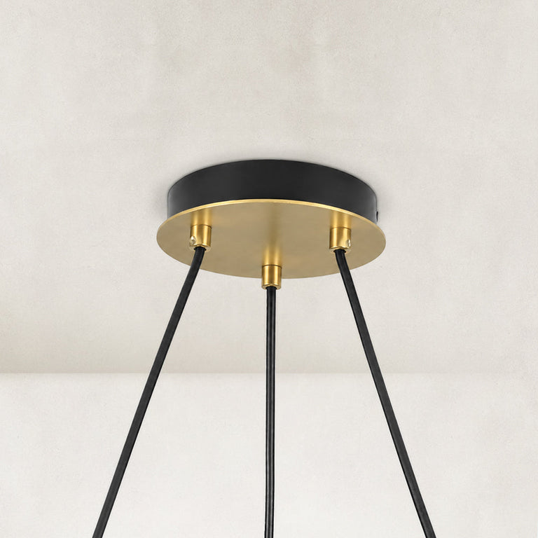 Ring chandelier with ribbed glass shades, black-and-gold canopy.