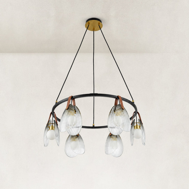 Ring chandelier with ribbed glass shades, complete fixture unlit.