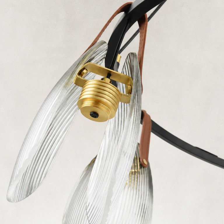 Ring chandelier with ribbed glass shades, glass and holder underside.