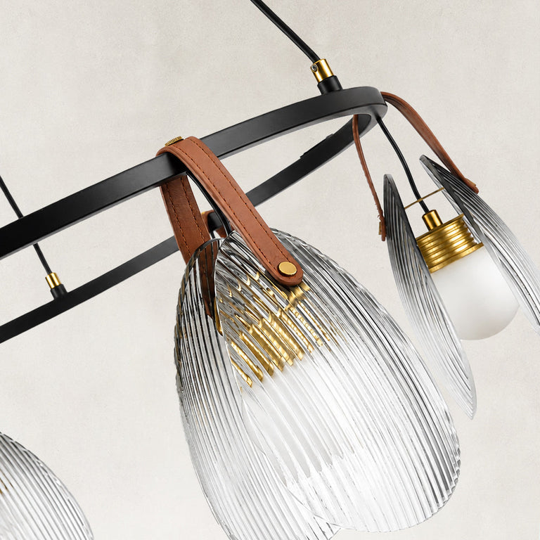 Ring chandelier with ribbed glass shades, hanger and ring junction.