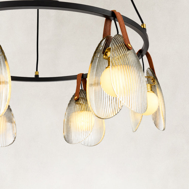 Ring chandelier with ribbed glass shades, ribbed glass shade and brown hanger.