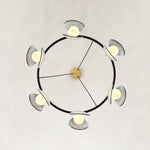 Ring chandelier with ribbed glass shades, six-light underside view.