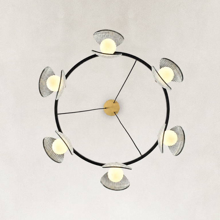 Ring chandelier with ribbed glass shades, six-light underside view.