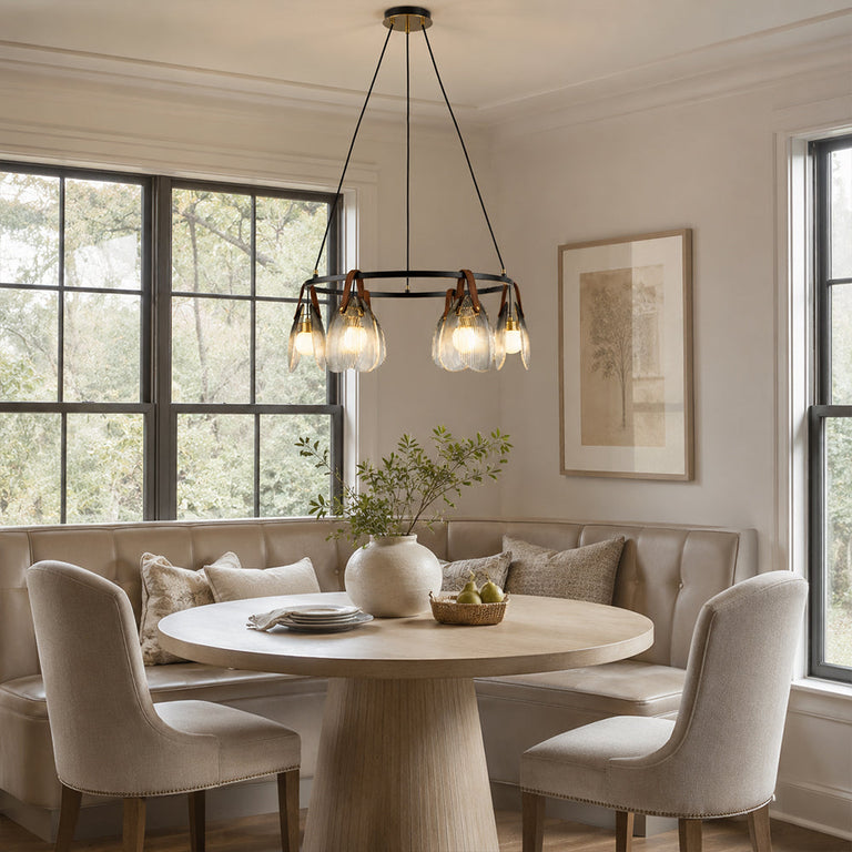 Ring chandelier with ribbed glass shades, window-wall dining room.