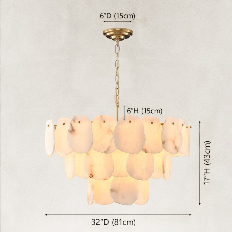 Gold-tone three-tier scalloped chandelier dimension diagram