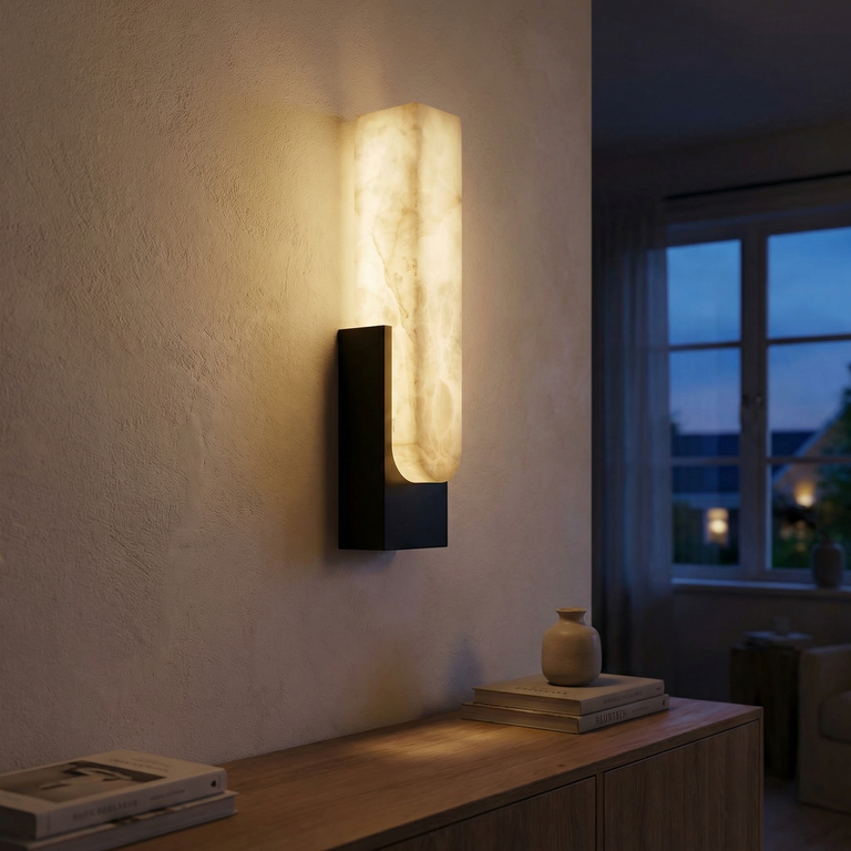 Sculpted Form U-Curve Alabaster Wall Sconce by Dalmivik, complete fixture view