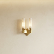 Pillar Light Twin Column Alabaster Brass Wall Sconce by Dalmivik, complete fixture view