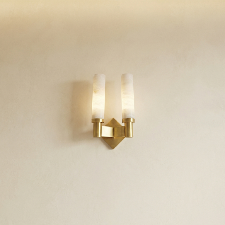 Pillar Light Twin Column Alabaster Brass Wall Sconce by Dalmivik, complete fixture view