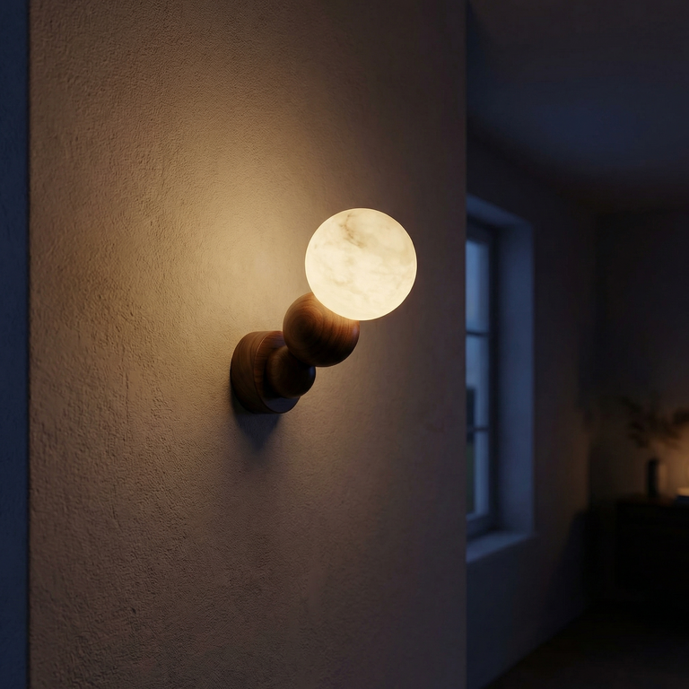 Bosco Alabaster Sphere Wall Sconce by Dalmivik, complete fixture view