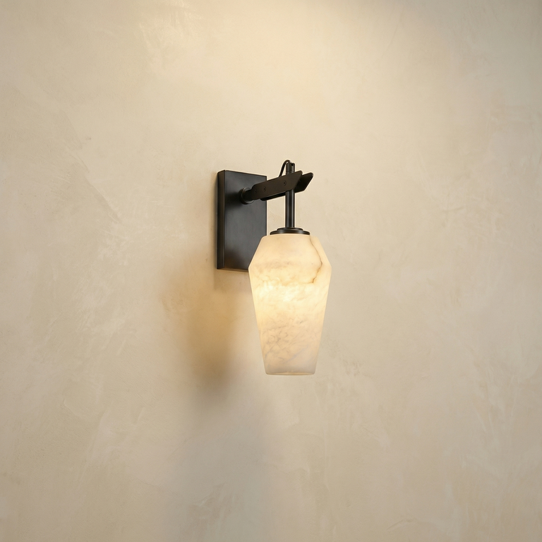 Bullet Shade Teardrop Alabaster Wall Sconce by Dalmivik, complete fixture view