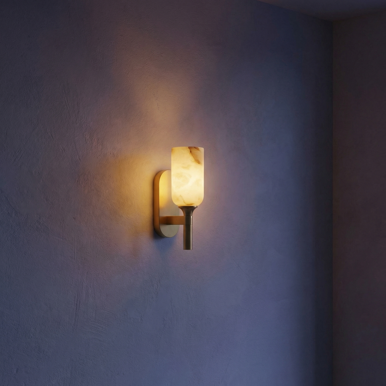 Cylinder Arm Single Goblet Alabaster Brass Wall Sconce by Dalmivik, complete fixture view