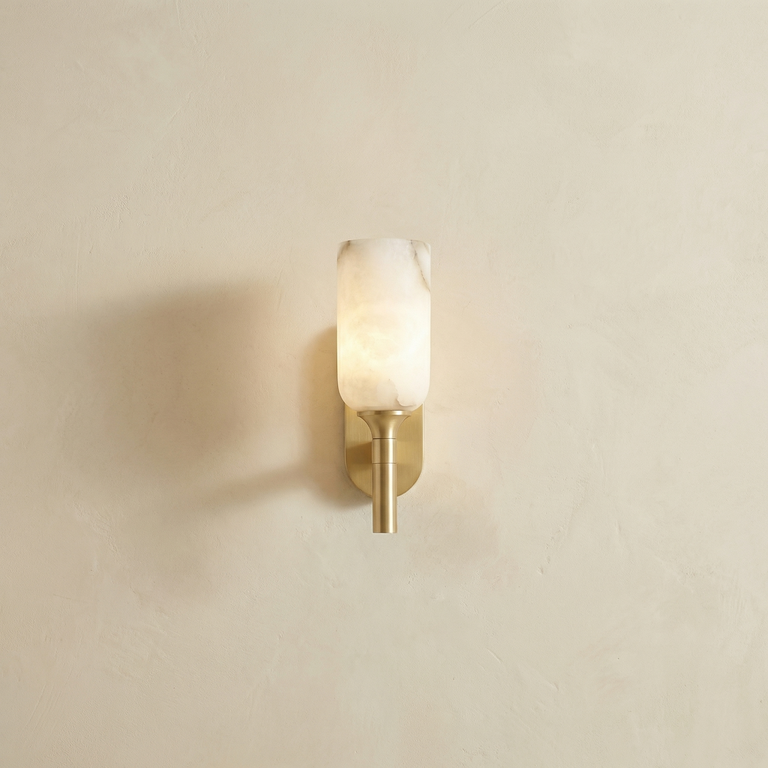 Cylinder Arm Single Goblet Alabaster Brass Wall Sconce by Dalmivik, complete fixture view