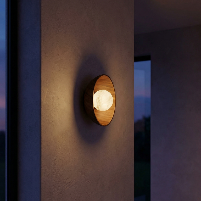 Bosco Wood Carved Bowl Alabaster Wall Sconce by Dalmivik, product or room detail view