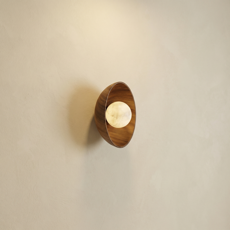 Bosco Wood Carved Bowl Alabaster Wall Sconce by Dalmivik, complete fixture view