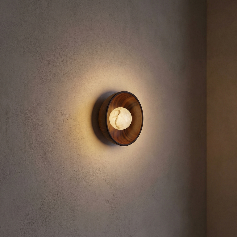 Bosco Wood Walnut Disc Alabaster Wall Sconce by Dalmivik, complete fixture view
