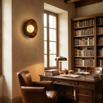 Bosco Wood Walnut Disc Alabaster Wall Sconce by Dalmivik, product or room detail view
