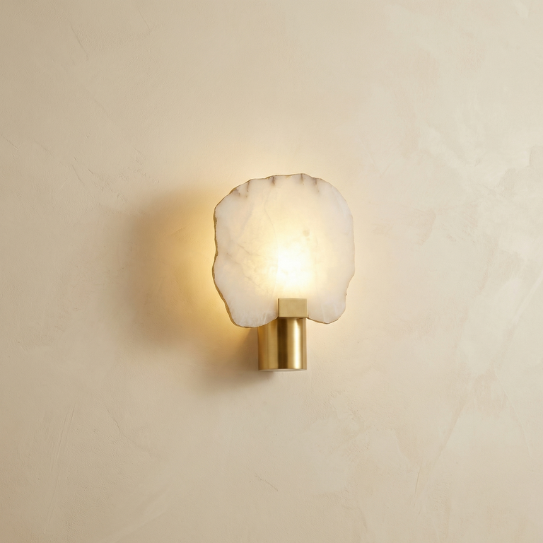 Terra Slice Half Moon Alabaster Wall Sconce by Dalmivik, complete fixture view