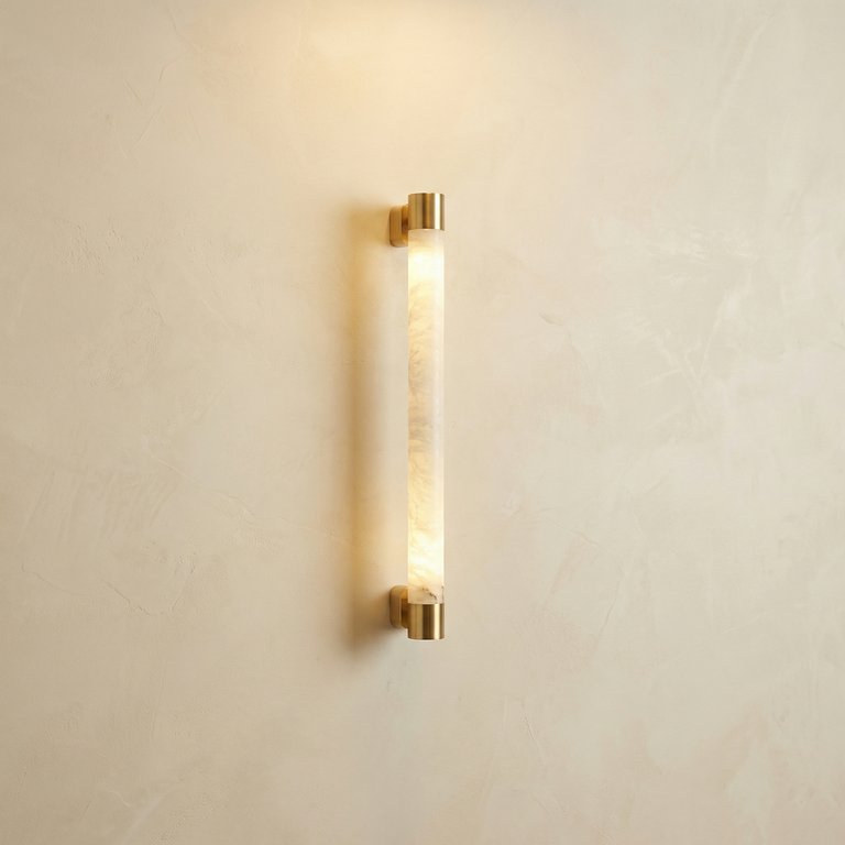 Pillar Light Slim Rod Alabaster Column Wall Sconce by Dalmivik, complete fixture view