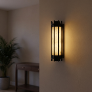 Lantern Box Round Cage Alabaster Wall Sconce by Dalmivik, complete fixture view