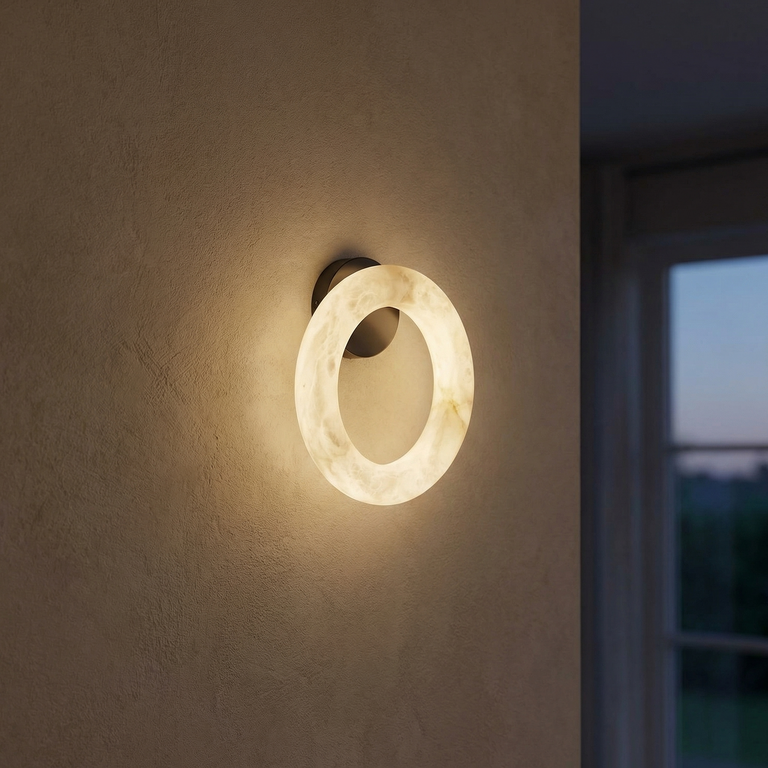 Halo Ring Glowing Ring Alabaster Wall Sconce by Dalmivik, complete fixture view
