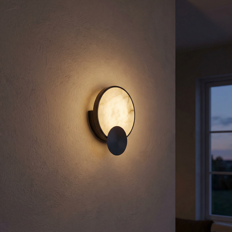 Sculpted Form Ring & Orb Alabaster Wall Sconce by Dalmivik, complete fixture view