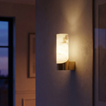 Cylinder Wrap Alabaster Brass Tube Wall Sconce by Dalmivik, complete fixture view