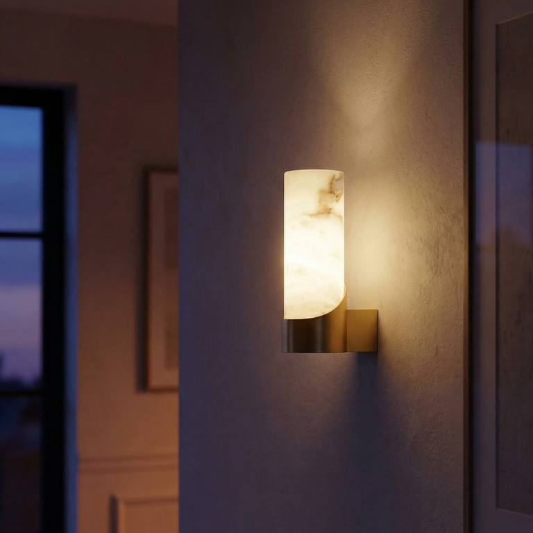 Cylinder Wrap Alabaster Brass Tube Wall Sconce by Dalmivik, complete fixture view