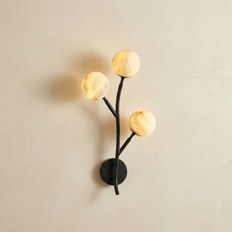 Branch Triple Bloom Alabaster Wall Sconce by Dalmivik, complete fixture view