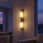 Cylinder Arm Tall Stacked Alabaster Brass Wall Sconce by Dalmivik, complete fixture view