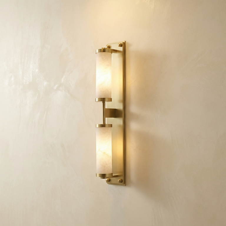 Cylinder Arm Tall Stacked Alabaster Brass Wall Sconce by Dalmivik, complete fixture view